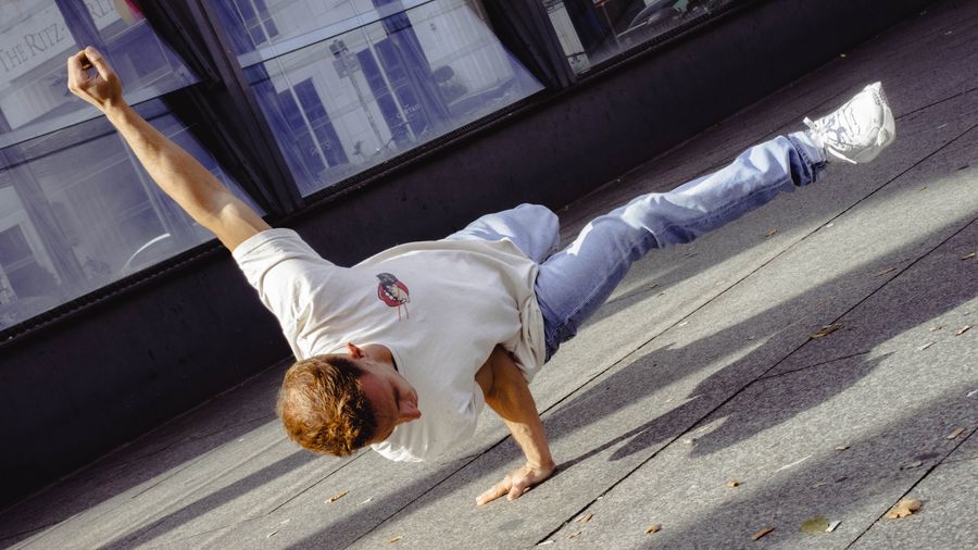 Breakdancer balancing during a dance move