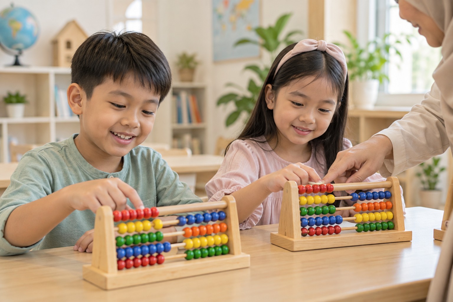 Children learning mental arithmetic with colourful abacuses